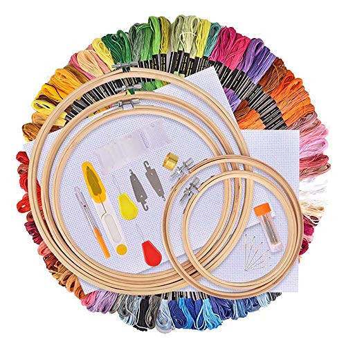 Full Range of Embroidery Starter Kit Including Instructions 50 Color Threads 5 Pieces Bamboo Embroidery Hoops 2 Pieces Aida Cloth Cross Stitch Tools   Embroidery Starter Kit for Adults Kids Beginners