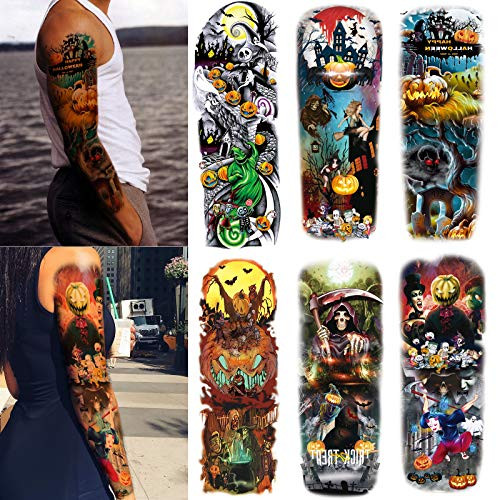 Leoars Halloween Sleeve Temporary Tattoos  Nightmare Before Christmas Large Full Arm Tattoos Sleeve  6 Sheet Fake Nightmare Before Christmas Sleeve Tattoos for Hallo Women Men Makeup