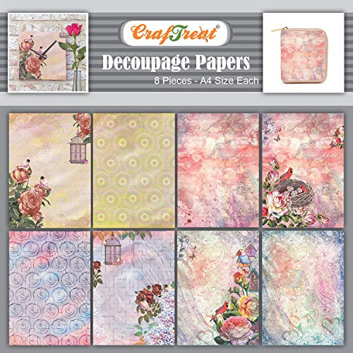 CrafTreat Bird Decoupage Paper Sheets   Vintage Birdcage and Bird House Decoupage Paper Script   8 Pcs   Size  A4   Decorative Sheets for Decoupage Birdcage Decor   Vintage Birdhouse Decoupage Sheets