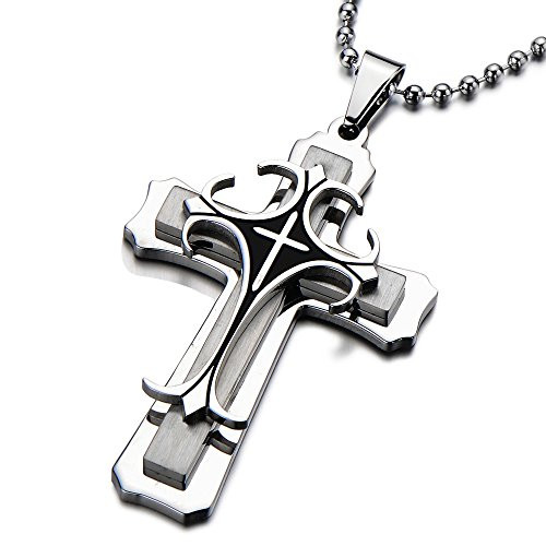 COOLSTEELANDBEYOND Tri Layer Mans Stainless Steel Cross Pendant Necklace Silver Black Two Tone with 23 6 in Ball Chain
