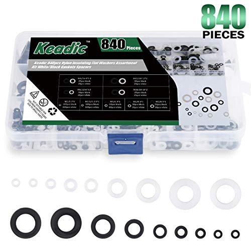 Keadic 840pcs Nylon Insulating Flat Washers Assortment Kit White Black Gaskets Spacers  9 Sizes   M2 M2 5 M3 M4 M5 M6 M8 M10 M12