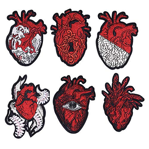 Iron On Patches  6 pcs Anatomical Red Heart Patches Embroidered Badge Iron On Sew On Patch Applique for Backpack  Jacket  Denim Clothes  Pants Hat  etc