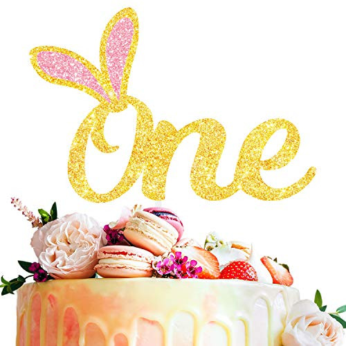 1st Bunny Happy Birthday Cake Topper Gold Pink Glitter Ears Easter Rabbit Theme Decor Picks for Birthday Happy Spring Easter Party One Year Old Decorations Supplies