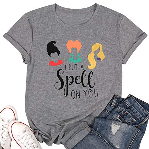JEALLY It s Just A Bunch of Hocus Pocus T Shirt Funny Graphic Tee Shirt for Women Halloween Short Sleeve T Shirts  Medium  Gray