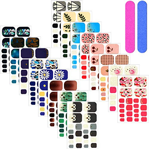 352 Pieces 16 Sheets Full Toe Nail Wraps Toenail Polish Stickers Adhesive Toe Nail Wraps DIY Glitter Toe Nails Manicure Decals with 2 Pieces Nail Files for Women and Girls