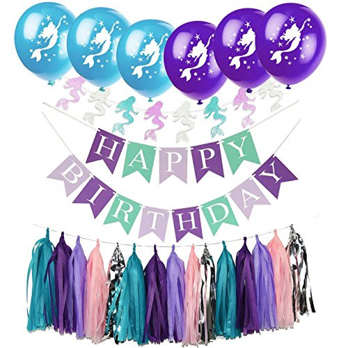 Purple Teal Mermaid Party Supplies Mermaid Teal Purple Balloons Glitter Paper Garland Teal Purple Happy Birthday Banner Tassel Garland Mermaid Birthday Decorations