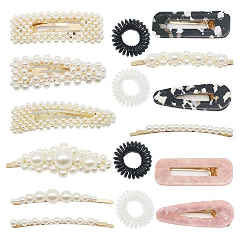 16Pcs spiral hair ties Pearl Hair Clips for Women Girls Bingolar hair rings hair coil Pearl Hair Pins Hair Barrettes for Women Lady Girls Faux Pearl Hair Barrettes Clip Hair Accessories Hairpins