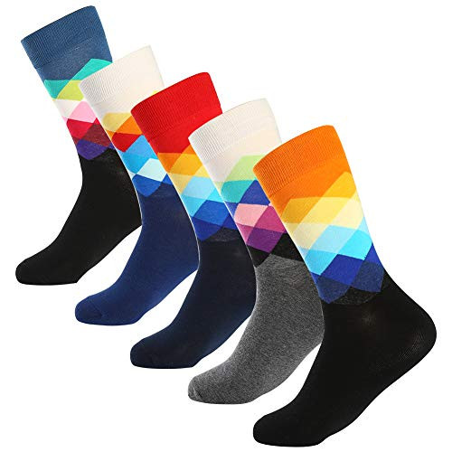 Bonangel Men s Fun Dress Socks Colorful Funny Novelty Crew Socks Pack Art Socks  5 Pairs diamond