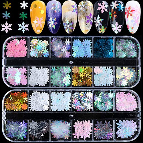 2 Boxes Snowflake Sequins for Nail Art Decoration Christmas Nail Art Decals 3D Snowflakes Glitter Nail Sequins Holographic Colorful Laser Thin Paillette Flakes Stickers Manicure Nail Art Supplies