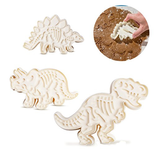 ewinever Jurassic Dinosaur Cookie Molds 3 Dinosaur Fossil Cookie Cutters PVC Stegosaurus Tyrannosaurus Rex Triceratops Molds Set of 6Pcs