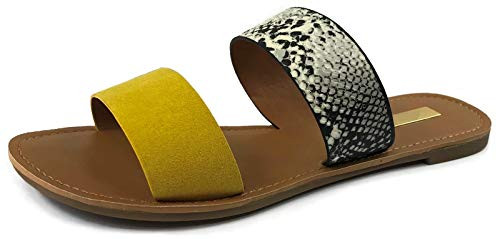 The Collection Annie Womens Double Strap Sandal Flat Slip On Slide  Snake Yellow  6