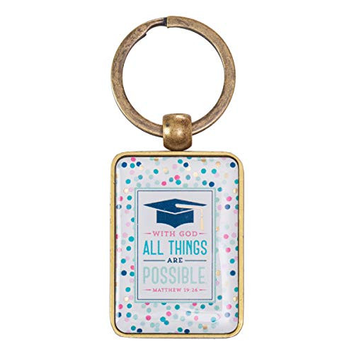 Graduation Cap Confetti Keychain With God All Things Are Possible   Matthew 19 26 Bible Verse Christian Art Gifts Key Ring in Cross Embossed Multicolor Confetti Tin Gift Box