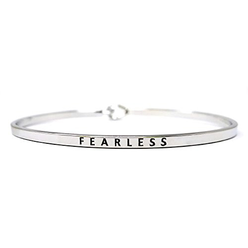 Me Plus Inspirational Fearless Positive Message Engraved Thin Bangle Hook Bracelet  Silver  Brass