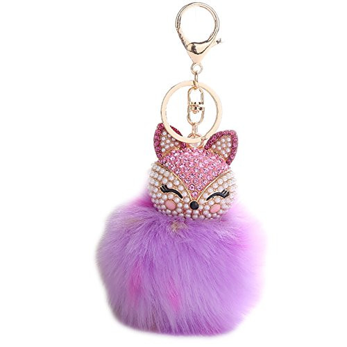 HXINFU Real Rabbit Fur Pom Pom Ball Keychain Fox Head Fluffy Ball Keychain Purple 4