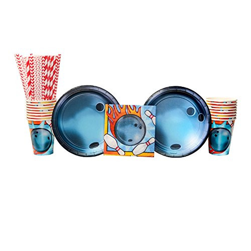 Bowling Birthday Party Supplies Pack for 16 Guests: Straws, Dessert Plates, Beverage Napkins, Cups, Tablecover