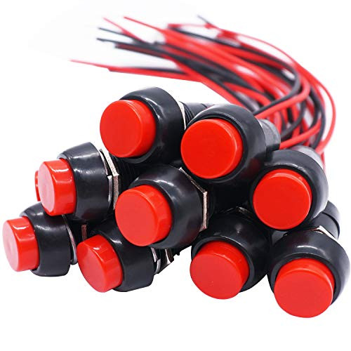 Twidec 10Pcs 12mm Thread Normally Open ON Off Latching Push Button Switch 3A 250V 2 Pin Mini Self Lock Red Switch with Pre soldered Wires PBS 11A X R
