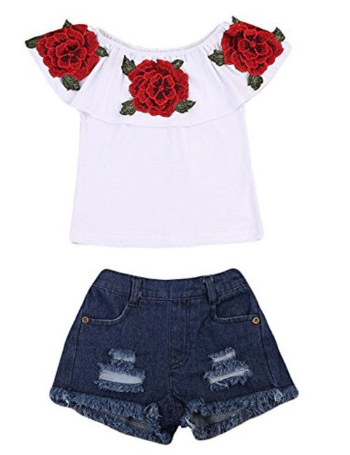 Toddler Baby Girls Jeans Shorts Outfits Floral Shirt Tops Ripped Denim Shorts Summer Clothes Set