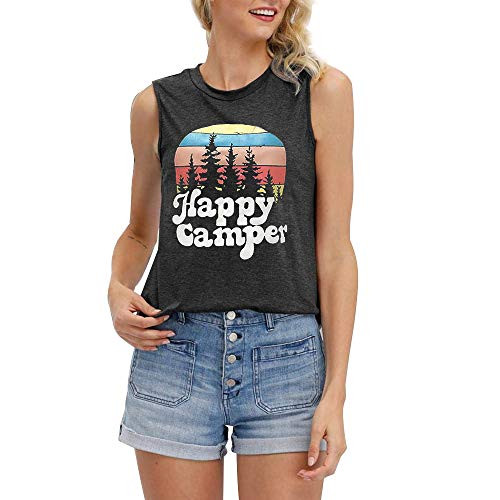 Happy Camper Tank Tops for Women Letter Print Sleeveless T Shirt Hiking Mountain Shirt Funny Graphic Tees Blouse Vest Gray