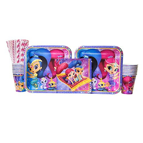 Cedar Crate Market Bundle: Shimmer & Shine Party Supplies Pack: Straws, Dinner Plates, Luncheon Napkins, and Cups (Bundle for 16 Guests)