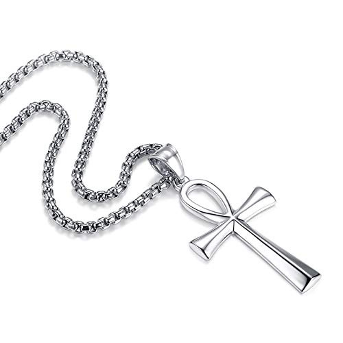 Reve Stainless Steel Coptic Ankh Cross Religious Pendant Necklace for Men Women  20 24   Chain  Silver Tone  24   Rolo Chain