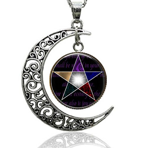 Gemingo Satanic Pentagram Pendant Necklace Glass Dome Crescent Moon Pentagram Pentacle Pendant