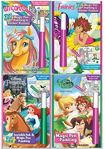 Lee Publications Disney Enchanted Characters Magic Pen-Painting Ink Activity Books Girls, Set of 4 Books Sticker Sheets Zipper Storage Bag