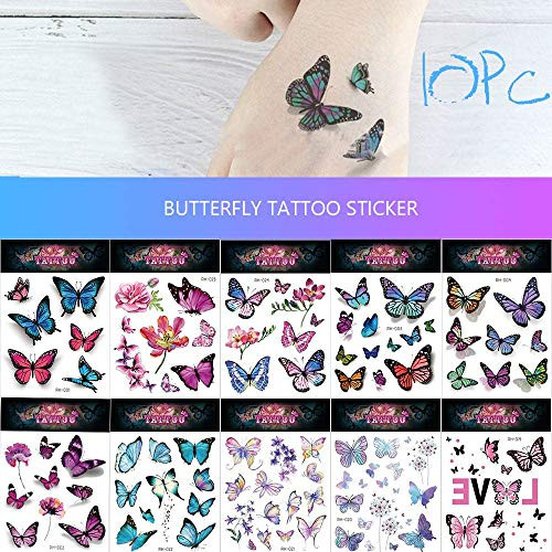 Butterfly Tattoo Stickers Temporary Tattoo for Kids Women Girls Fake Butterfly Tattoo Makeup Tattoos Stickers Water Proof Colorful Butterflies Temporary Tattoos for Party Birthday Supplies 10 Sheets
