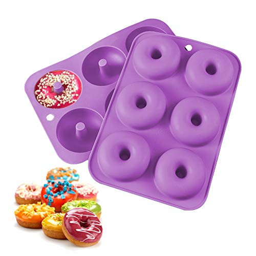 MANO Nonstick Silicone Donut Baking Pans Set of 2 Cake Molds Round Doughnut Trays Bread Loaf Pan Cookie Baking Sheet Muffin Pan Bakeware set purple