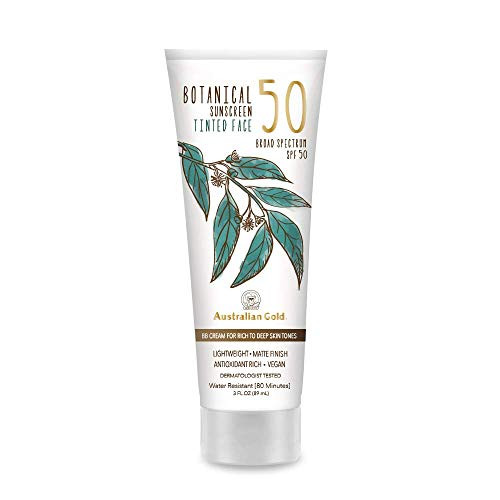 NEW Australian Gold Botanical Sunscreen Tinted Face BB Cream SPF 50 3 Ounce Rich Deep Broad Spectrum Water Resistant Vegan Antioxidant Rich A70887 NEW Australian Gold Botanical Sunscreen Tinted Face BB Cream SPF 50 3 Ounce Rich Deep Broad Spectrum Water Resistant Vegan Antioxidant Rich A70887