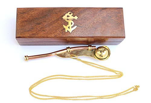 5MOONSUN5 s Nautical Solid Brass   Copper Boatswain  Bosun  5  Whistle Chain with Rosewood Box  Brass   Copper