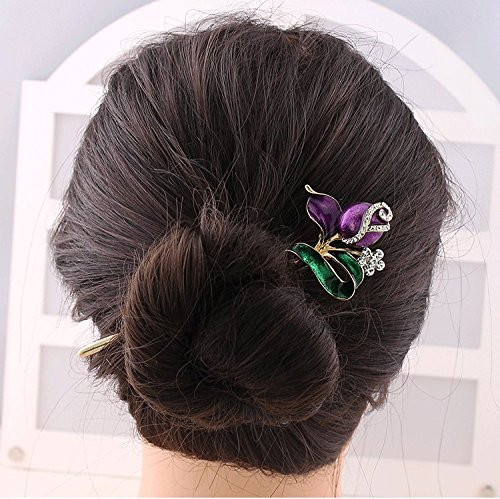 Ethnic classic Flower Hair sticks for Women Vintage Bride Headdress Enamel Hair Wear Hair Chopsticks Hairpin Chignon Pin  Purple