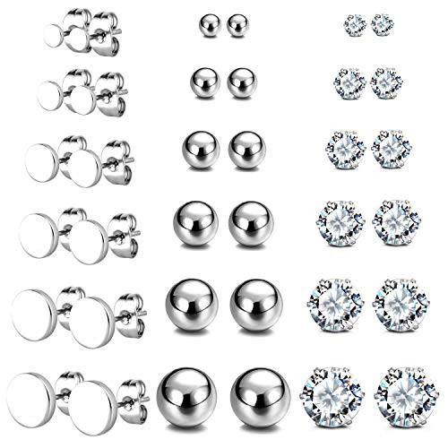 JewelrieShop Earrings Studs Set for Women Girl Stainless Steel CZ Ball Flat Earing Hypoallergenic Silver Multiple Piercing Ear Stud for Men  18 Pairs  Silver Tone JewelrieShop Earrings Studs Set for Women Girl Stainless Steel CZ Ball Flat Earing Hypoallergenic Silver Multiple Piercing Ear Stud for Men  18 Pairs  Silver Tone