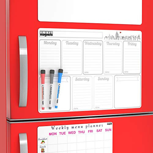 Magnetic Calendar for Refrigerator with To Do List Board, Chore List, Grocery List Magnet Pad,  - Weekly Whiteboard Calendar 2019 - Big Planner Board Calendar Dry Erase Magnet for Refrigerator