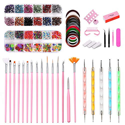 Marvotek Nail Art Brushes 3D Nail Art Professional Supplies With Glitter Nail Rhinestones Nail Dotting Pen Nail Striping Tapes Nail Polishing Diy Tools Set For Girls Nail Decoration Manicure