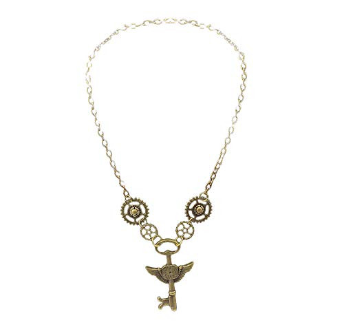 Arsimus Steampunk Antique Look Brass Tone Chain Necklace with Key Pendant Gold