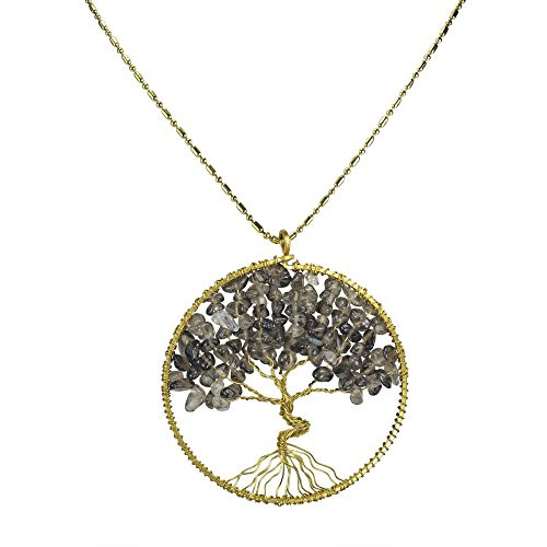 AeraVida Smoky Colored Glass Stone Eternal Tree of Life Brass Long Necklace