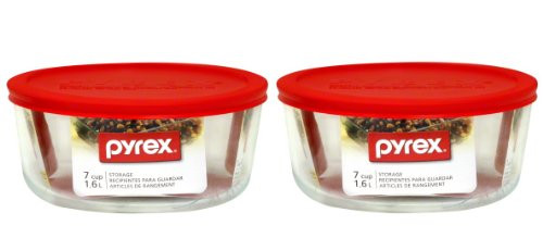 Pyrex Storage Plus 7-Cup Round Storage Dish with Red Plastic Cover Pack of 2 Containers, Clear, Red