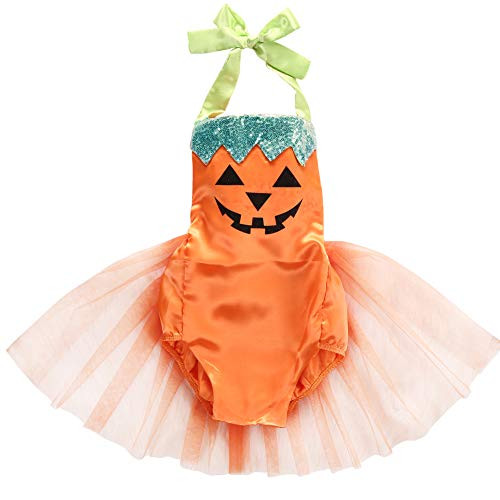 Baby Girls Halloween Costume Tutu Dress Pumpkin Halter Romper Jumpsuit Outfits  0 6 Months  Orange