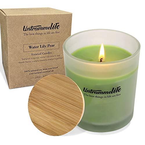 Untrammelife Aromatherapy Candles for Relaxation  Highly Scented and Long Burning Glass Jar Scented Candle Natural Organic Soy Wax 8oz 45 Hour Long Lasting  Water Lily Pear