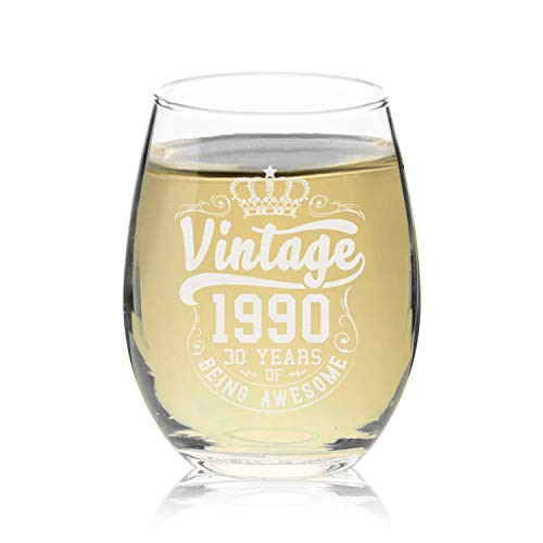 Veracco Crown Vintage 1990 30 Years Of Being Awesome Stemless Wine Glass 30th BirthdayGift For Him Her Dirty Thirty 1990 Stemless Glass Veracco Crown Vintage 1990 30 Years Of Being Awesome Stemless Wine Glass 30th BirthdayGift For Him Her Dirty Thirty 1990 Stemless Glass