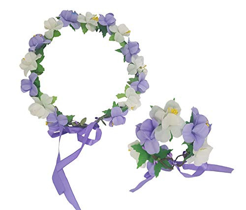 QiKoKo Women Girls Flower Crown Floral Wreath headband Garland Hair Headpiece Wedding Pary Rose Bridal Festival Sweety Photo Adjustable Ribbon Wrist Band Set  Set purple