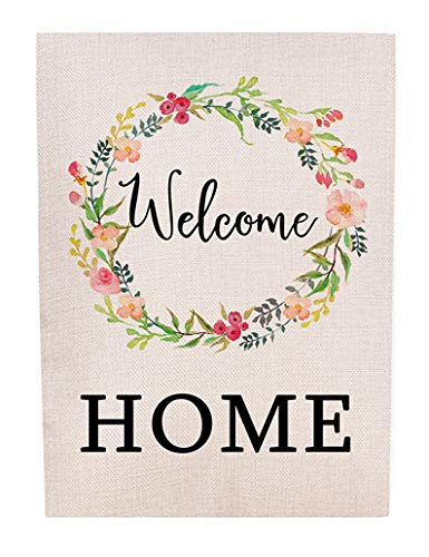 Zotemo Welcome Home Garden Flag with Floral Wreath  Burlap 12 5 Inch x 18 5 Inch Double Sided Vertical Flag for Spring House Yard Decorations