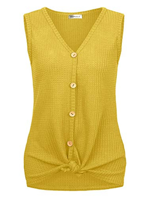 Plus Size Button Down V Neck Strappy Tank Tops Loose Casual Sleeveless Shirts Blouses for Women  Yellow  3X
