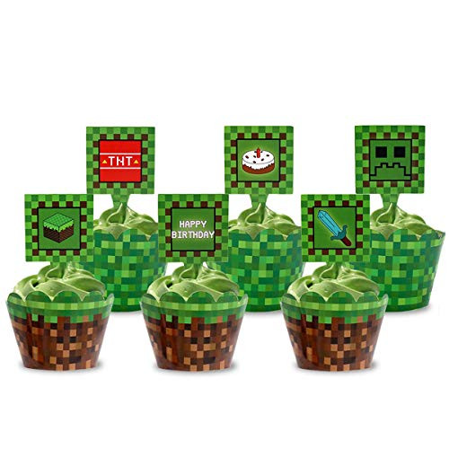 Pixel Cupcake Toppers and Wrapper Serve 24  Pixel Gaming Cupcake Picks Birthday Party Cake Decoration Block Games Inspired Supplies