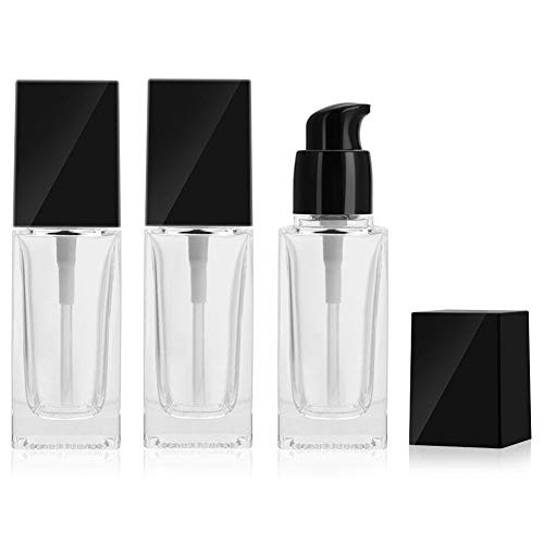3PCS 30ml 1OZ Empty Glass Bottles with Press Pump Head Liquid Foundation Bottle Cosmetic Makeup Vials Containers for BB CC Creams Lotion Square Essential Oils Jars Travel Set Sample Vials