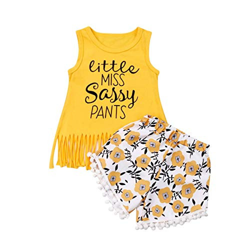 Toddler Baby Girls Short Sets Tassel Sleeveless Tank Tops Floral Pompom Shorts Summer Outfits Clothes  Yellow 1 2T Toddler Baby Girls Short Sets Tassel Sleeveless Tank Tops Floral Pompom Shorts Summer Outfits Clothes  Yellow 1 2T