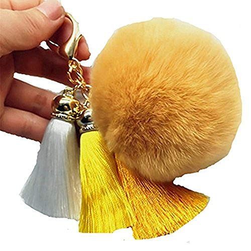 King Pig Women Tassel Pom Pom Charm Car Key Ring Handbag Pendant Fur Ball Keychain Fur Plush Key Chian POM POM Keychain  gold