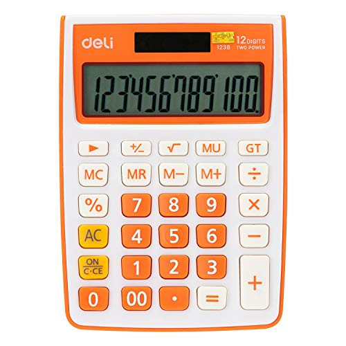 Calculator  Deli Standard Function Desktop Basic Calculators with 12 Digit Large LCD Display  Solar Battery Dual Power Office Calculator  Orange