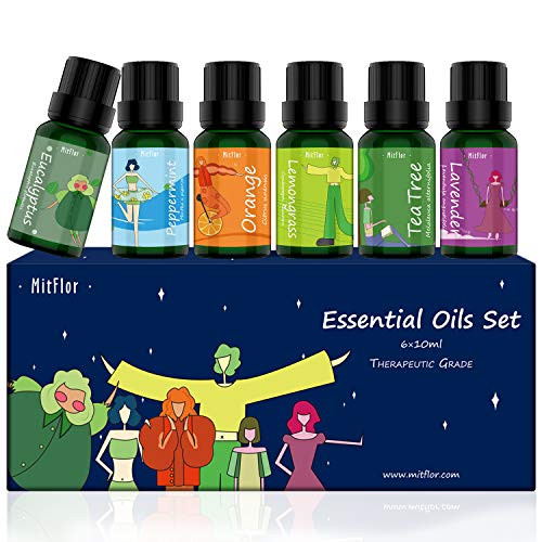 Essential Oils Set  MitFlor Cutie Pure Aromatherapy Therapeutic Essential Oils Kit for Diffuser Humidifier   Lavender  Peppermint  Orange  Tea Tree  Eucalyptus  Lemongrass Essential Oils  6×10ml