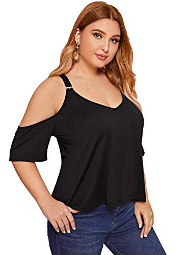 Floerns Women s Plus Size Casual Cold Shoulder Short Sleeve Tee Top Black 1XL